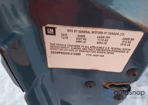 2006 Pontiac Grand Prix z USA, uszkodzony, nr VIN 2G2WP552361213295